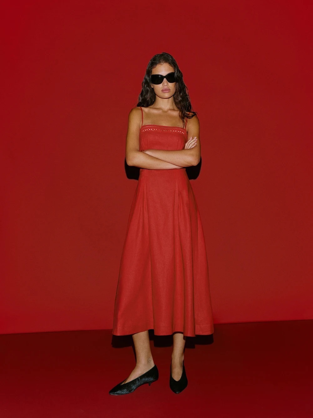 Reformation Pomona Linen Midi Dress in Red